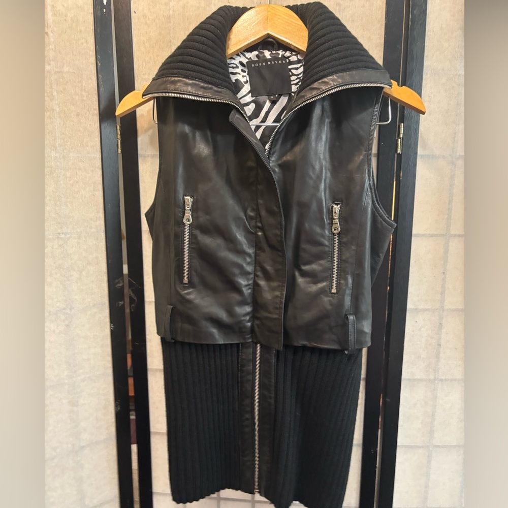 ROSS MAYER Leather Ribbed Knit Sleeveless Moto Vibes Vest Jacket